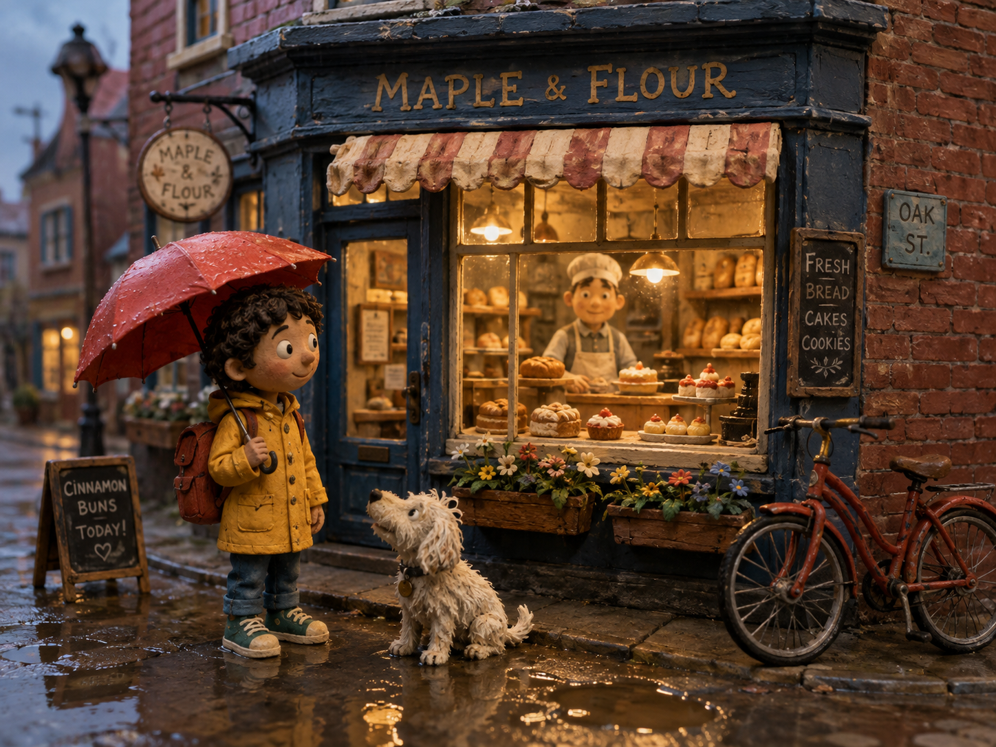 Clay stop-motion miniature illustration of a child with a red umbrella outside a bakery