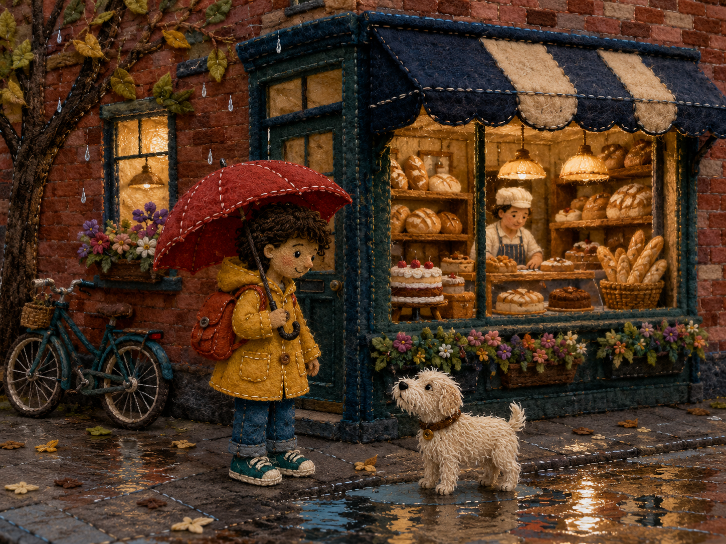 Embroidered felt storybook illustration of a child with a red umbrella outside a bakery