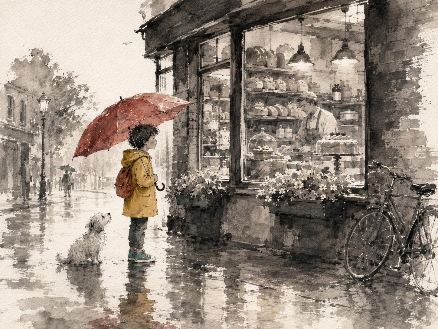 Ink wash with selective color illustration of a child with a red umbrella outside a bakery