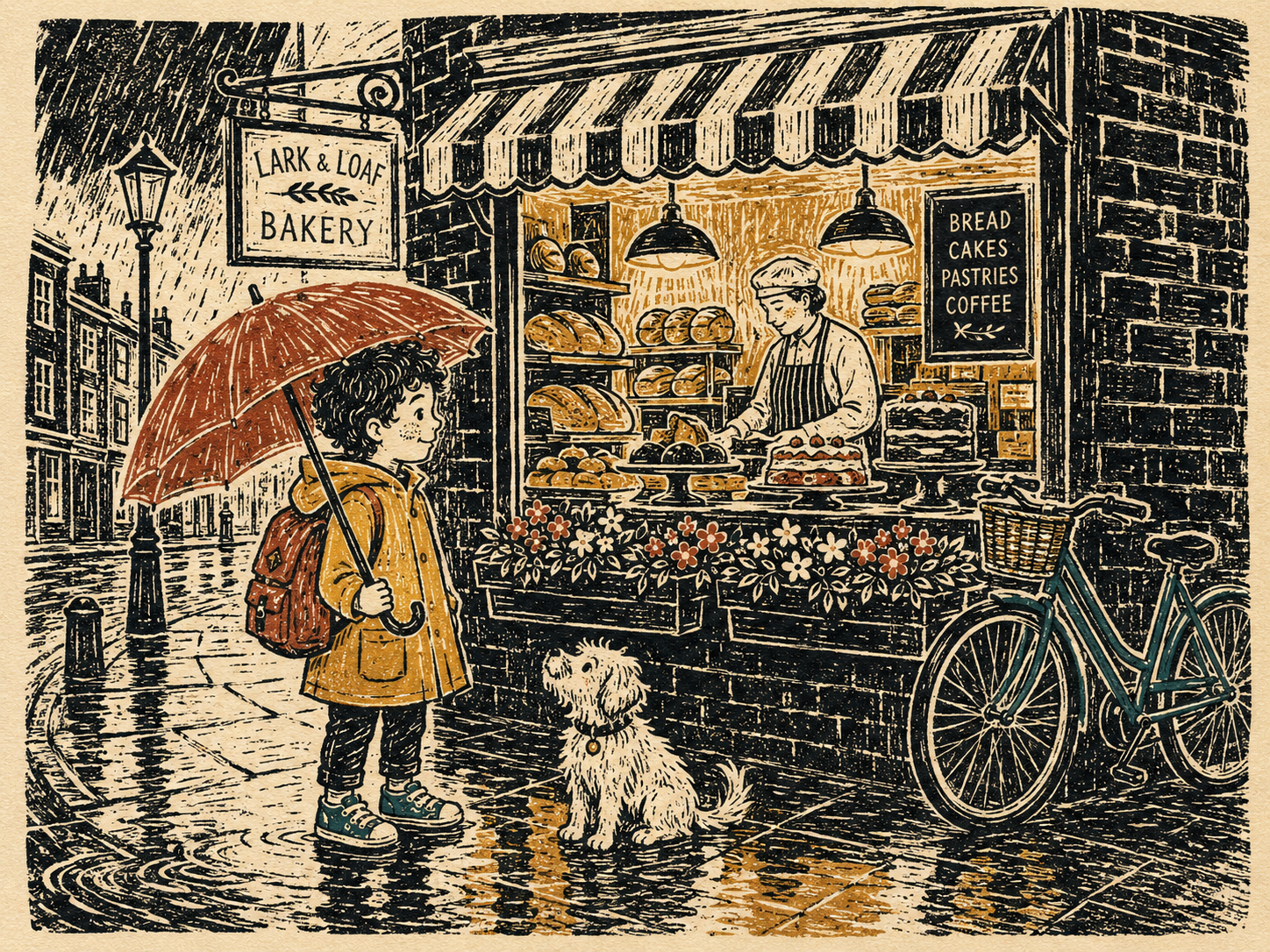 Vintage linocut children's book illustration of a child with a red umbrella outside a bakery