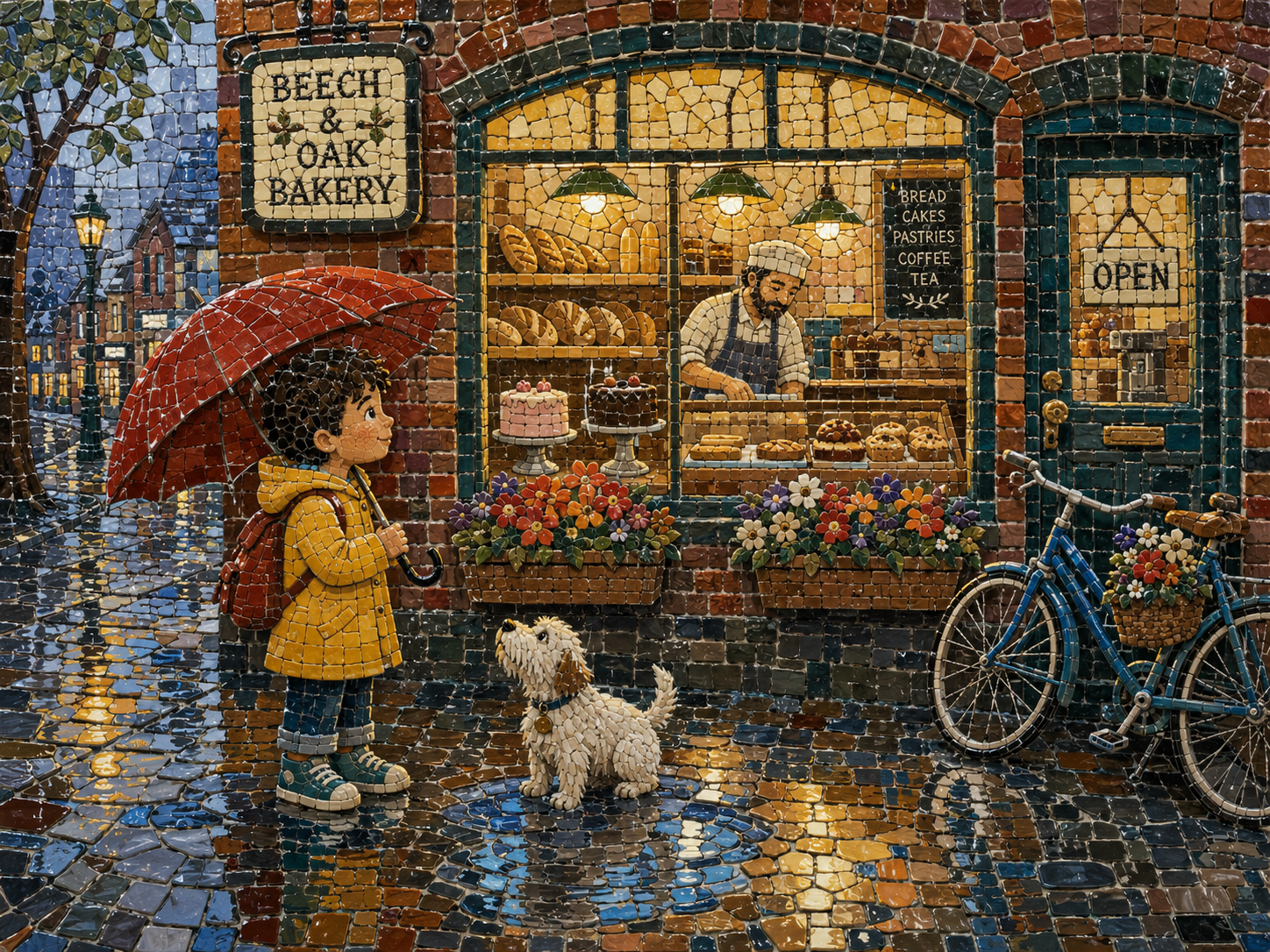 Ceramic mosaic storybook illustration of a child with a red umbrella outside a bakery