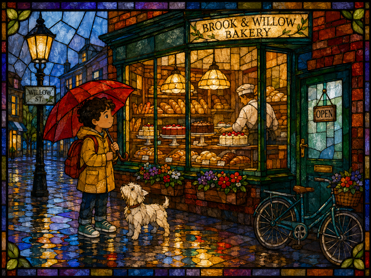 Stained glass storybook illustration of a child with a red umbrella outside a bakery