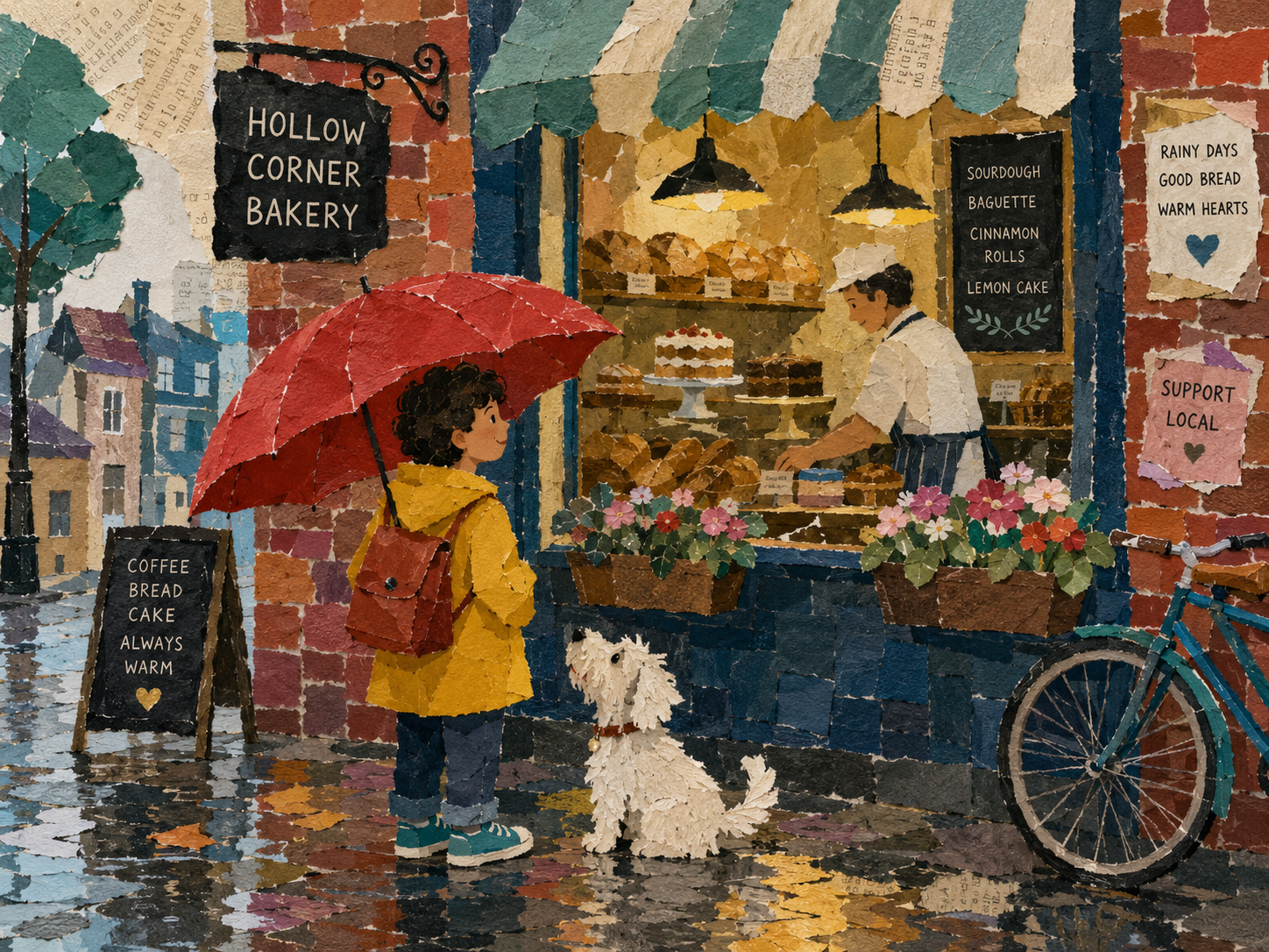 Torn paper collage illustration of a child with a red umbrella outside a bakery