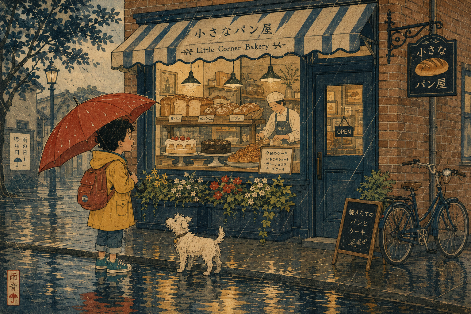 Japanese woodblock children's illustration of a child with a red umbrella outside a bakery