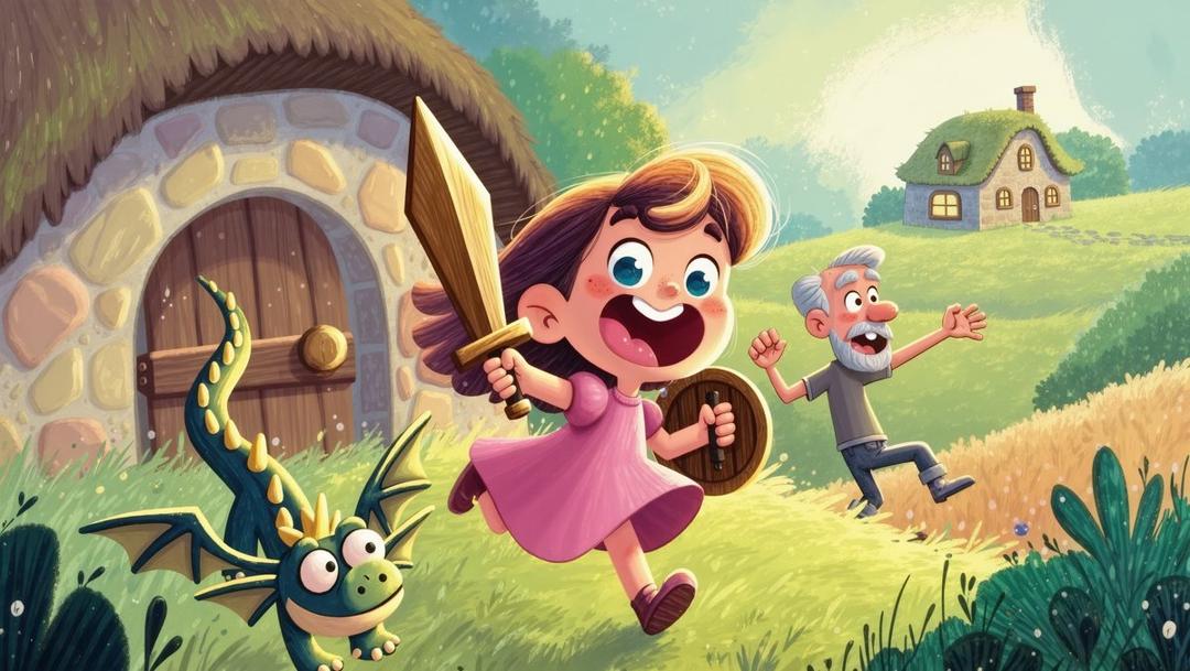 A girl in a pink dress charges with a wooden sword alongside a goofy little dragon, an alarmed old man behind her