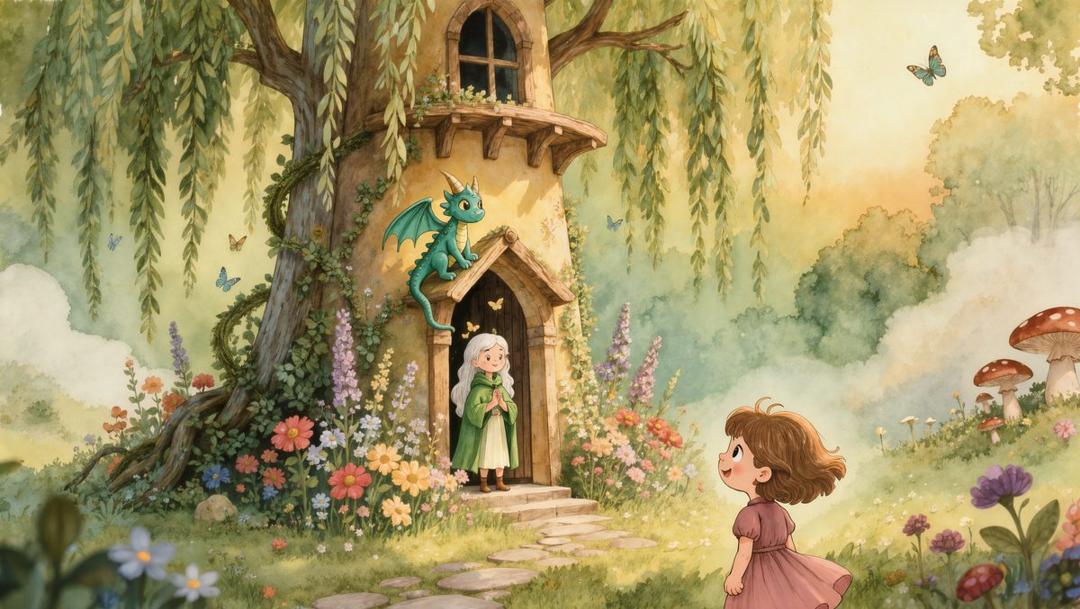 A girl in a pink dress approaches a whimsical tree tower where an elderly woman waits, a small dragon perched above