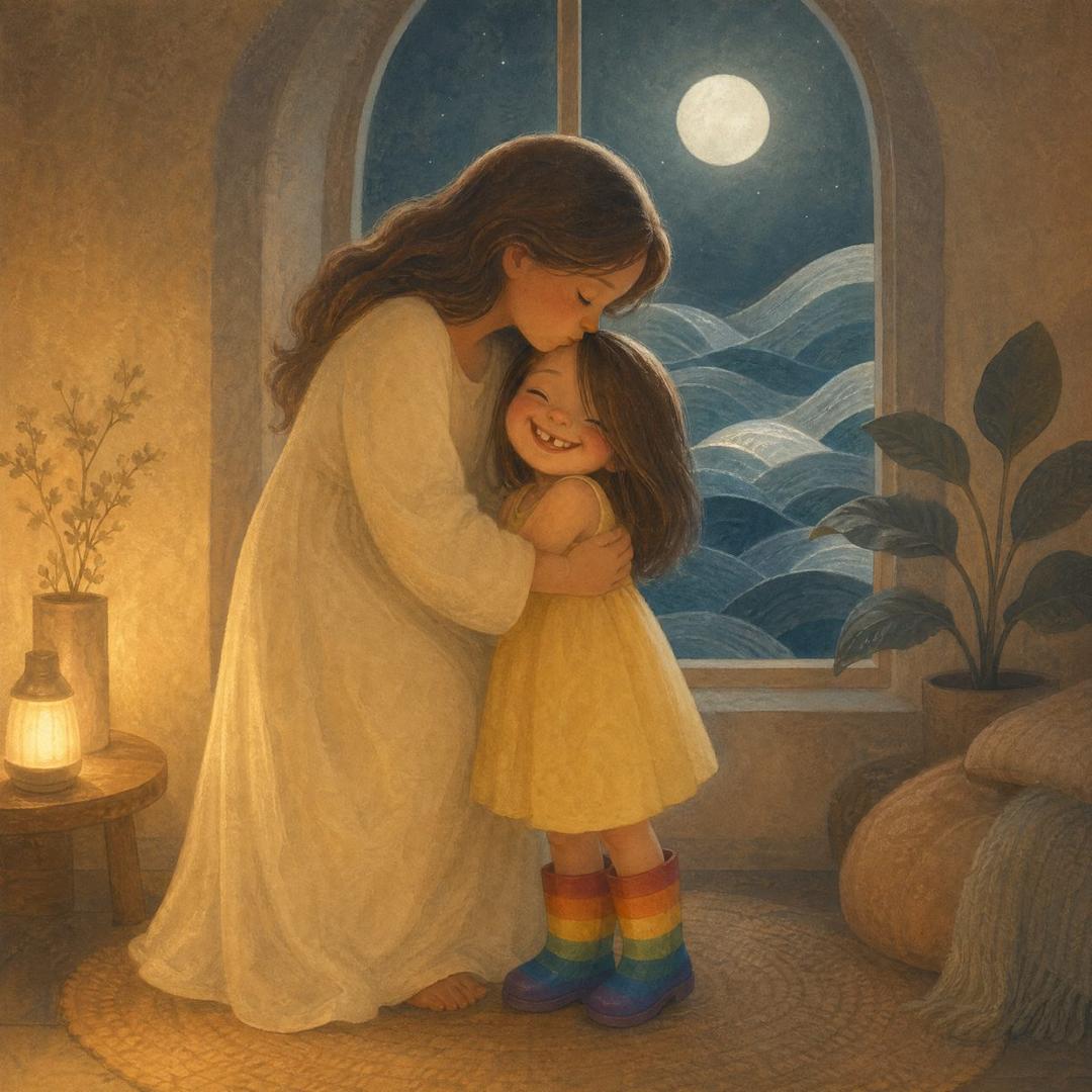 A mother kisses a small girl in a yellow dress and rainbow boots beside an arched window showing waves and a moon