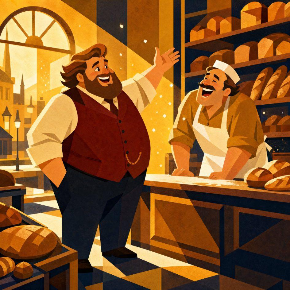 A large bearded man laughs joyfully with a baker inside a warm golden bakery, bread loaves lining the shelves