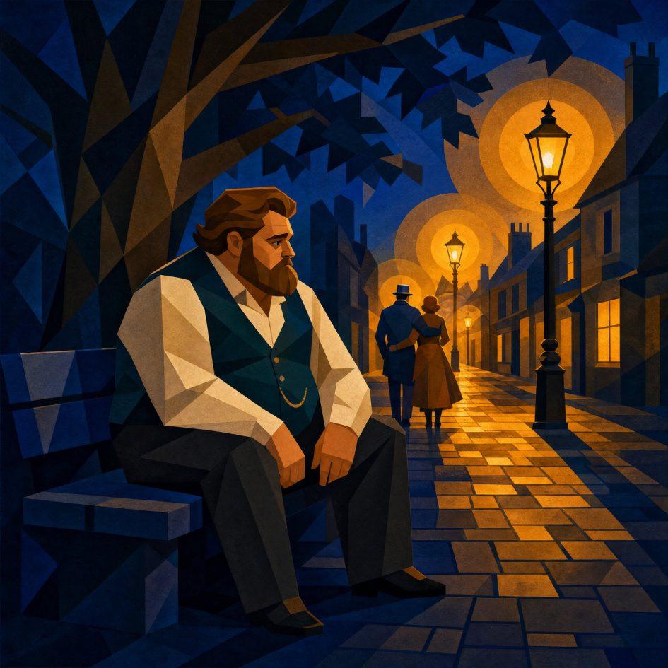 A bearded man sits alone on a bench under a massive tree at night, gas lamps casting warm golden light on cobblestones