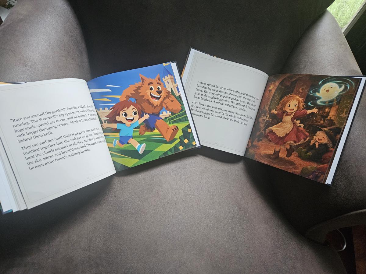 Multiple interior pages fanned out showing illustrations and text from a PageCub hardcover
