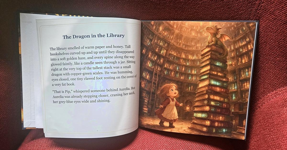 A PageCub hardcover open to a full illustrated spread — The Dragon in the Library