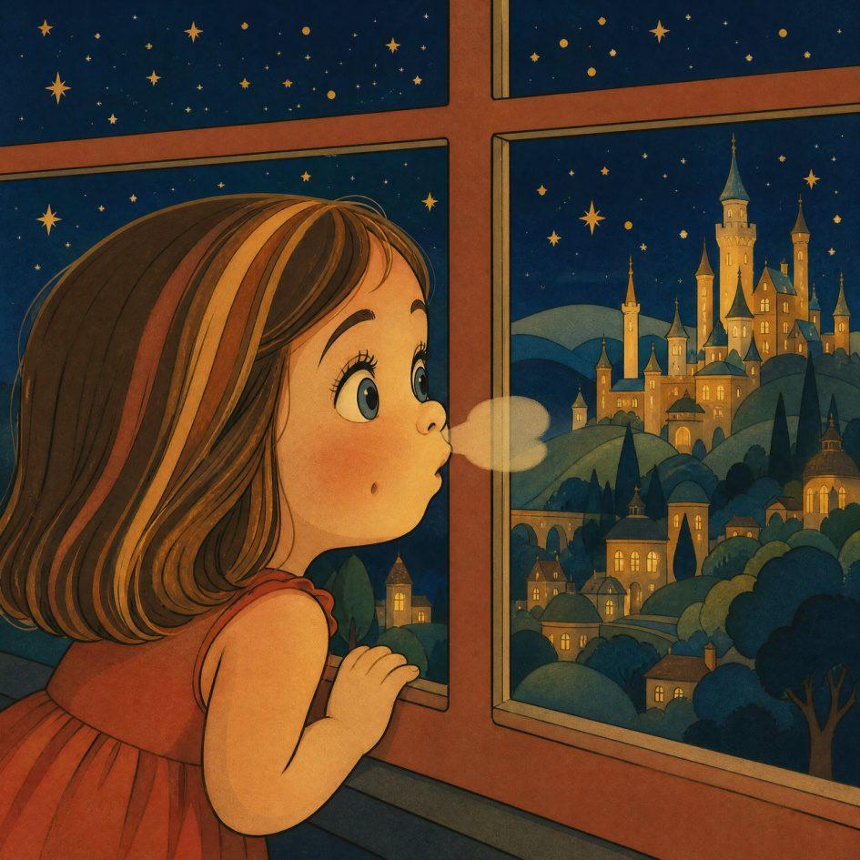 A young girl presses her face to a fogged window, gazing at a glowing magical kingdom under a starry night sky