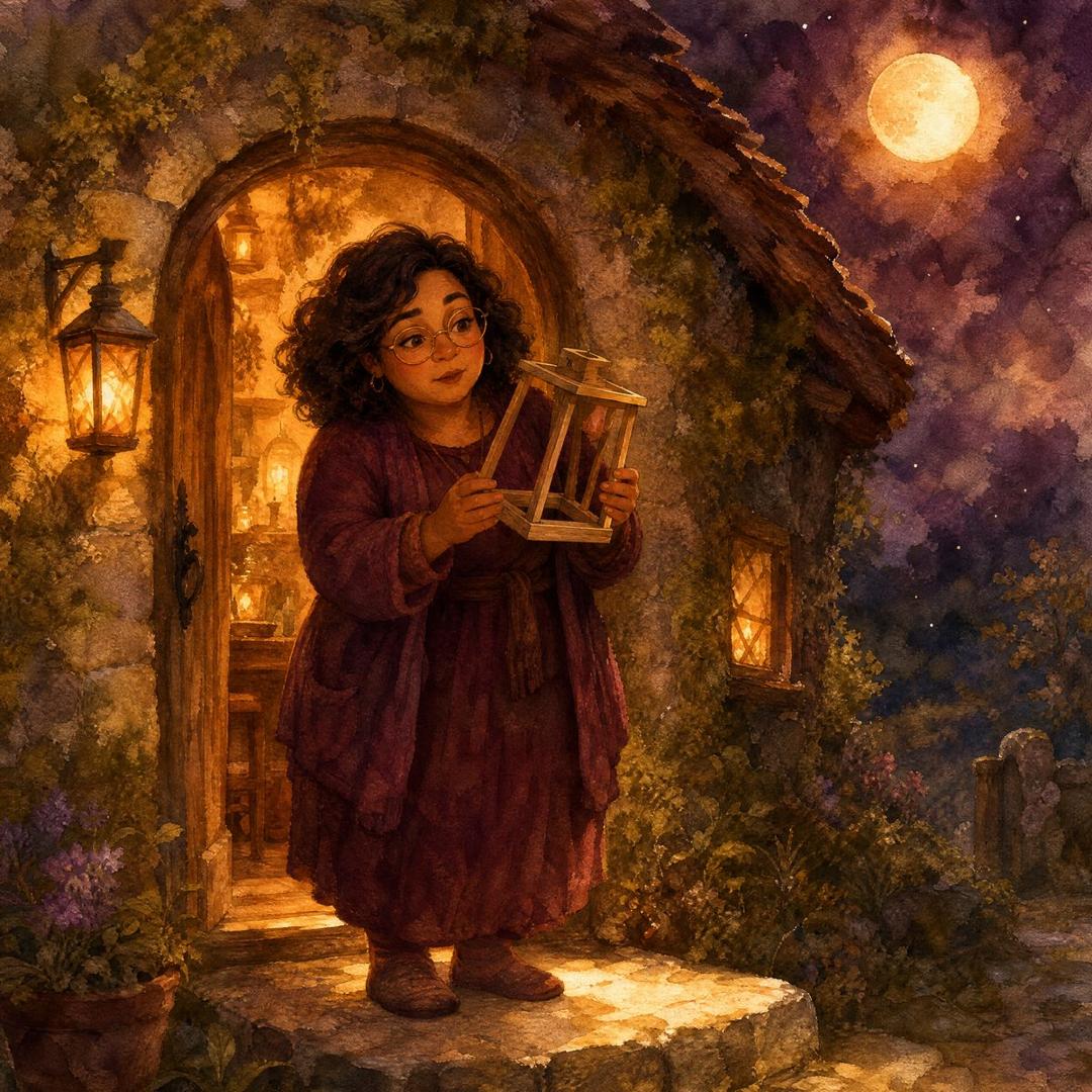 A curly-haired girl with glasses holds a wooden lantern outside a stone cottage under a moonlit sky