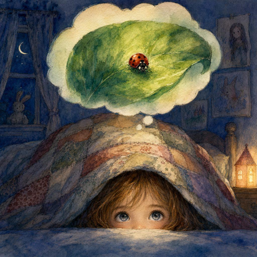A child peeks from under a quilt dreaming of a ladybug on a leaf, crescent moon glowing through a dark window
