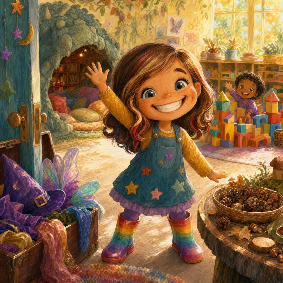 A freckled girl waves joyfully in a sunlit playroom filled with costumes, building blocks, and a magical door