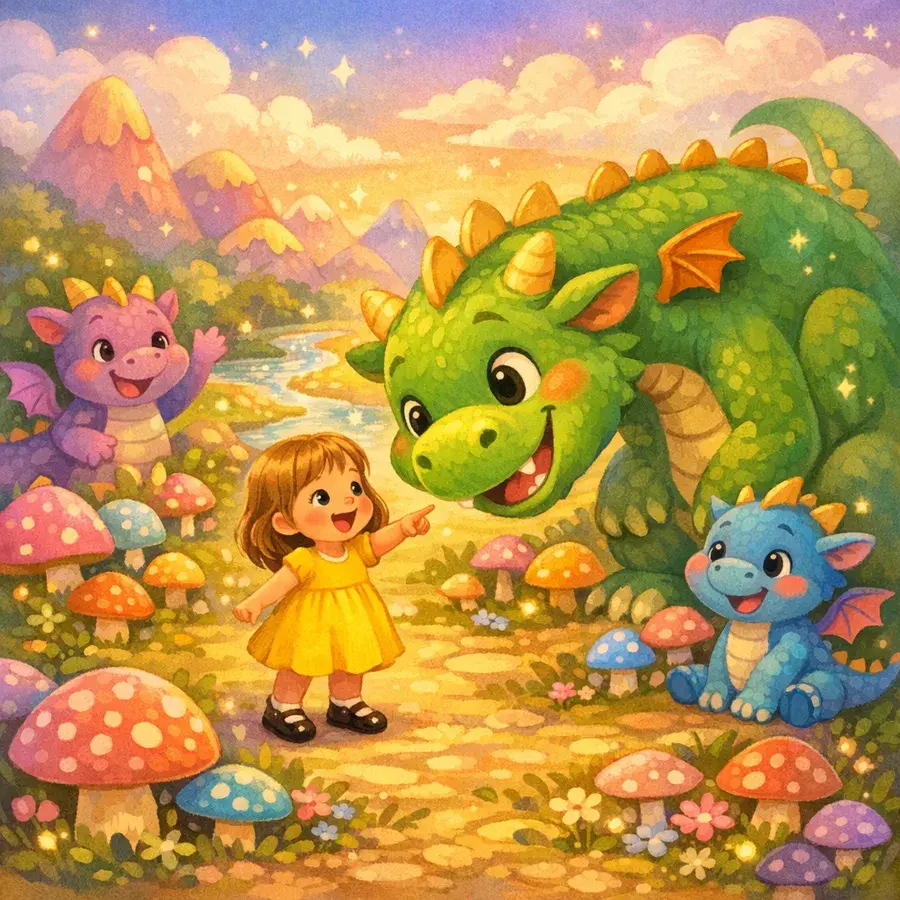 A girl in a yellow dress points excitedly at a large friendly green dragon, surrounded by colorful mushrooms and a purple and blue dragon