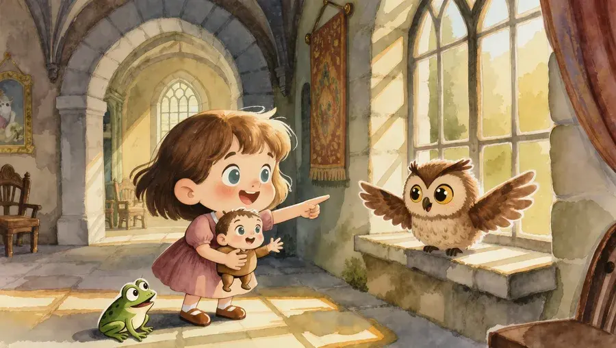 Inside a castle hall, a girl in a pink dress holds a baby and points excitedly at an owl on a windowsill
