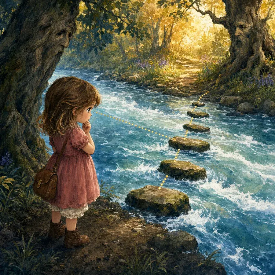 A small girl with a satchel stands at a rushing river, stepping stones ahead, ancient trees framing the enchanted forest