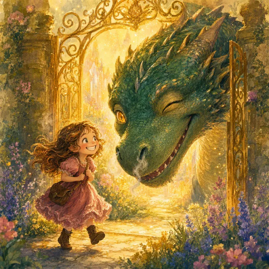 A curly-haired girl runs joyfully toward a golden gate where a large friendly dragon smiles gently