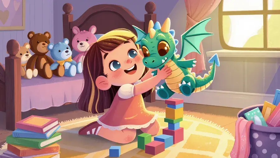 A girl with long dark hair kneels on her bedroom floor hugging a small green dragon, stuffed animals and toys all around