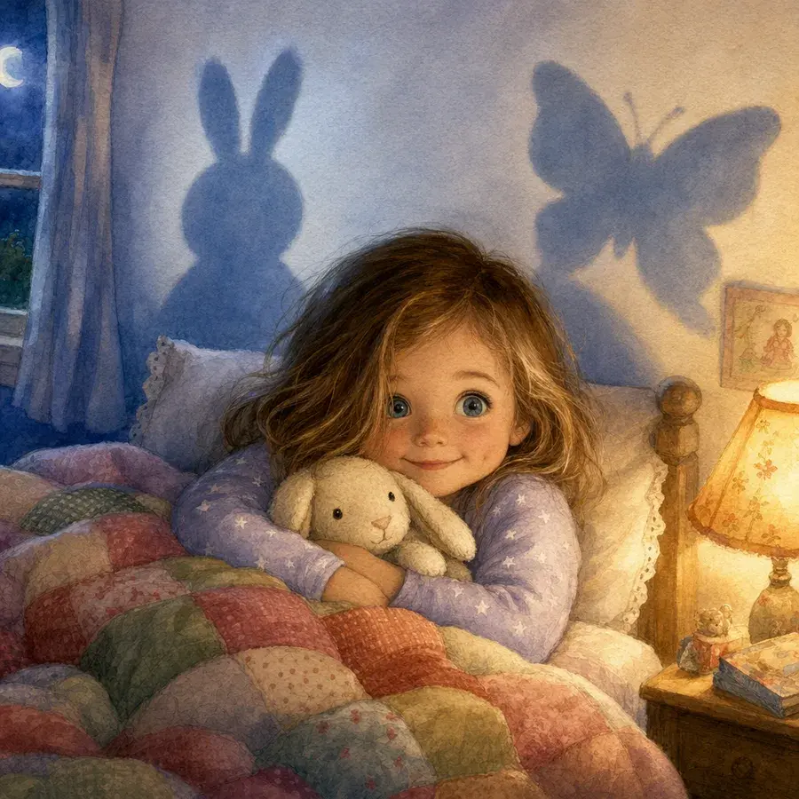A girl in star-patterned pajamas lies in bed cuddling a stuffed bunny, shadow puppets on the wall, crescent moon through the window