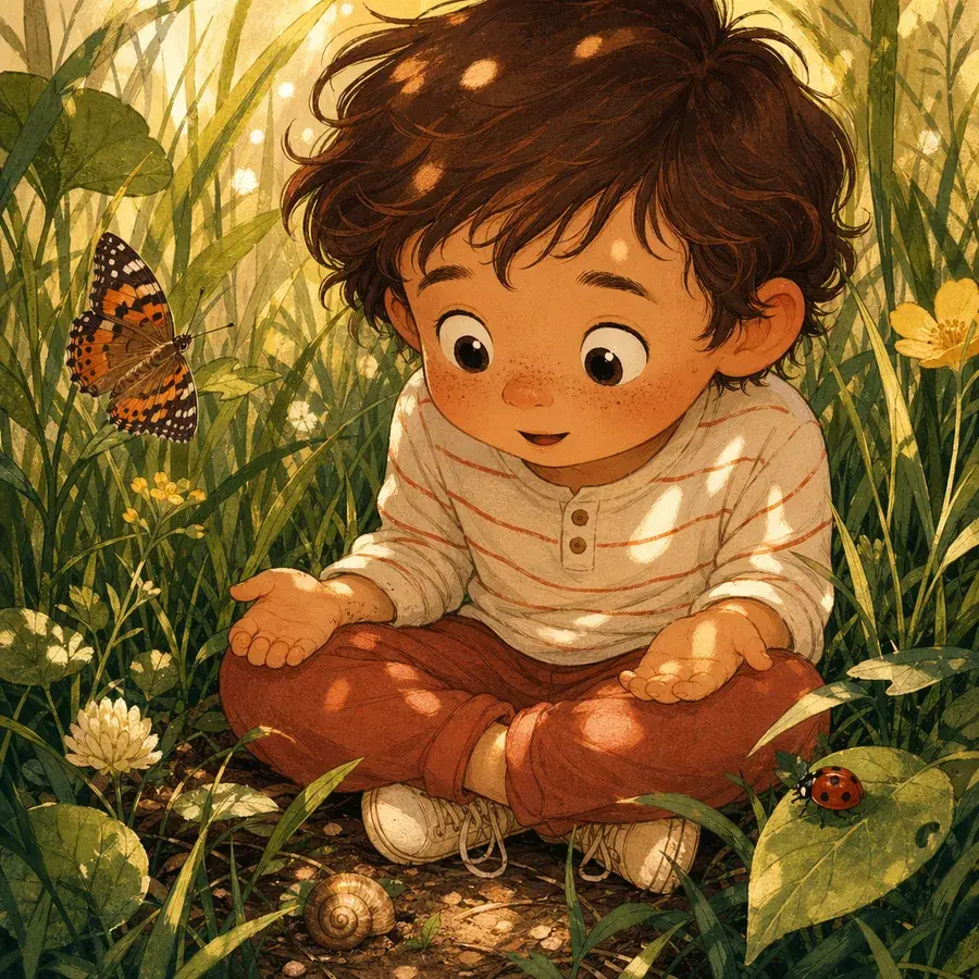 A freckled curly-haired toddler boy sits cross-legged in tall grass, gazing wonderingly at a butterfly, a ladybug and snail nearby