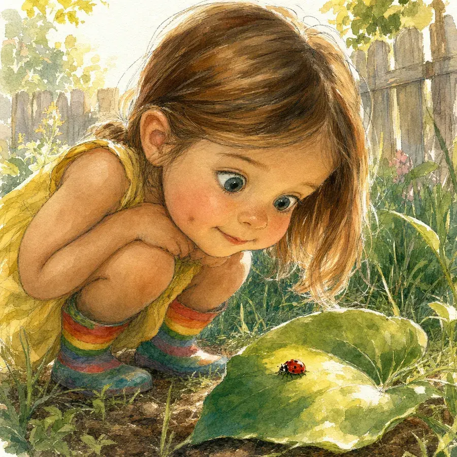 A girl in rainbow striped socks crouches in a garden, peering closely at a ladybug on a large green leaf