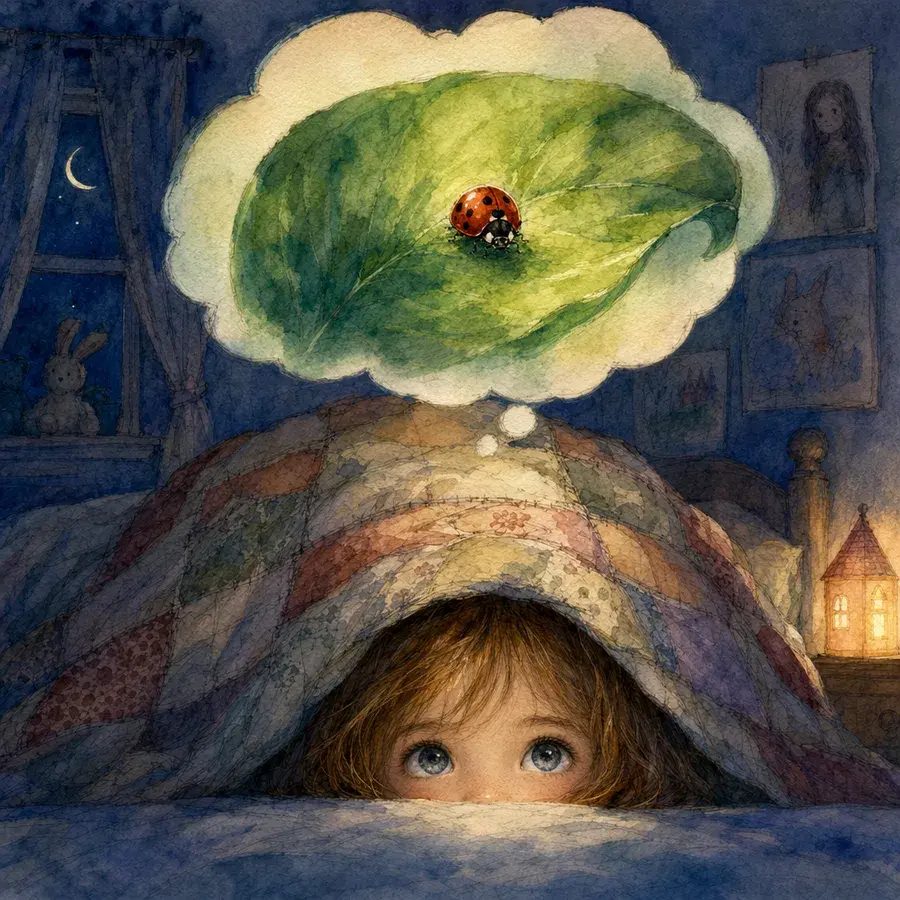 A child peeks from under a patchwork quilt, thought bubble showing a ladybug, crescent moon glowing through a dark bedroom window